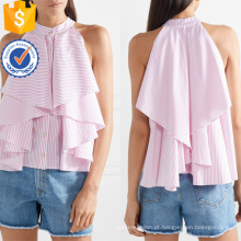 Ruffled Branco E Rosa Listrado Algodão Sem Mangas Verão Top Fabricação Atacado Moda Feminina Vestuário (TA0092T)